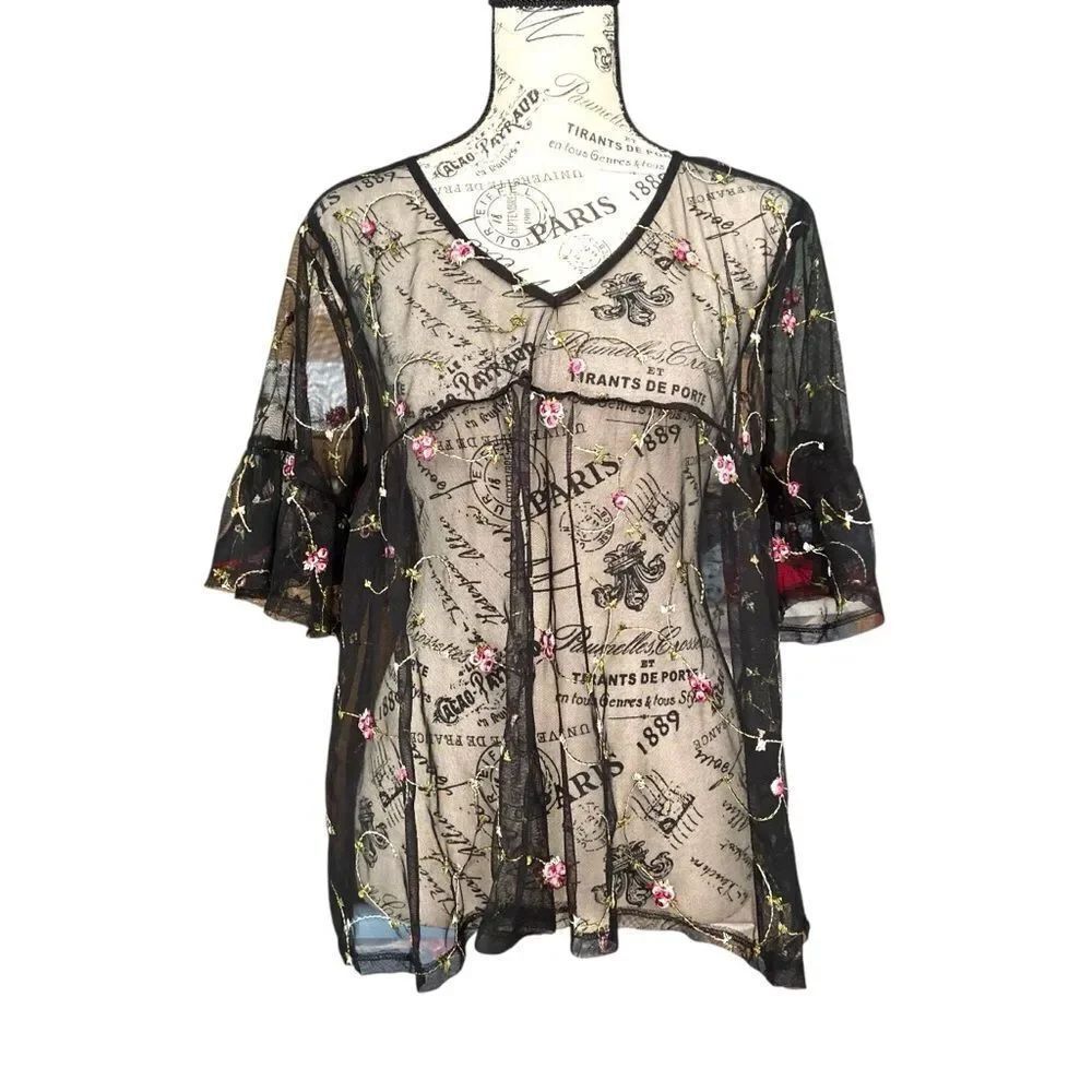 Gypsies & Moondust Black Sheer Mesh Floral Blouse in Size Large